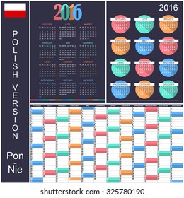 Collection of Polish calendars for year 2016, week starts on Monday, vector illustration