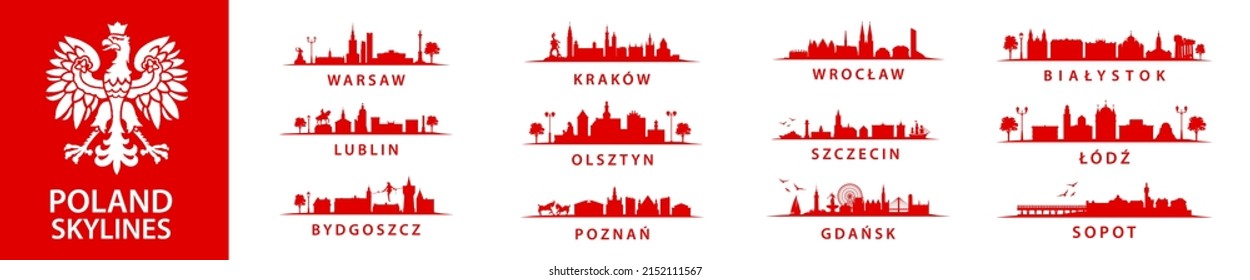 Collection of polish skylines, big bundle of cities in Poland, eastern Europe, Szczecin, Krakow, Wroclaw, Lublin, Olsztyn, Warsaw, Bydgoszcz, Poznan, Gdansk, Lodz, Sopot, Bialystok