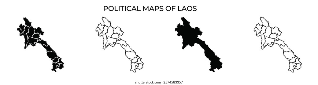 A collection of political maps of Laos illustrating different regions and boundaries. Each map highlights various administrative divisions and significant geographical features.