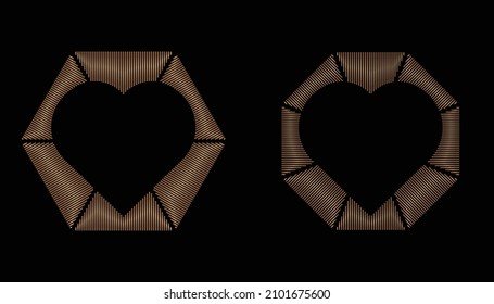Collection of polygonal frame pattern in shape of heart with copy space. Decorative ornament in Gold Line Art style for Valentine’s Day, wedding, anniversary, invitation, hipster couples. EPS10 #01