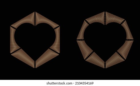 Collection of polygonal frame pattern in shape of heart with copy space. Decorative ornament in Gold Line Art style for Valentine’s Day, wedding, anniversary, invitation, hipster couples. EPS10 #02