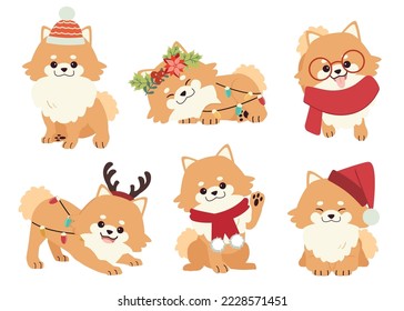 The collection of Pomeranian in many actions for Christmas theme. Graphic resource about bulldog for graphic, content, etc.