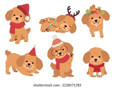 Die Sammlung von Poodle in vielen Aktionen für Weihnachten Thema. Grafische Ressource über Bulldog für Grafik, Inhalt usw.