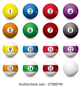 Collection of pool balls numbered from one to fifteen with shadow