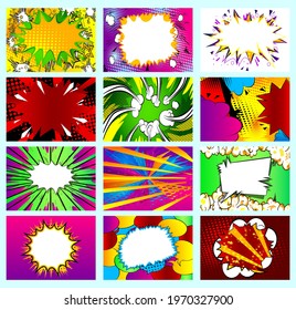 Collection of pop art comic background. Cartoon Vector Illustration with cloud, speech bubble, thunder, explosion and star. 