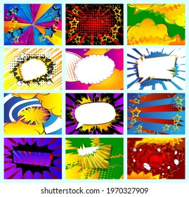 Collection of pop art comic background. Cartoon Vector Illustration with cloud, speech bubble, thunder, explosion and star. 