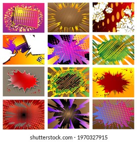 Collection of pop art comic background. Cartoon Vector Illustration with cloud, speech bubble, thunder, explosion and star. 