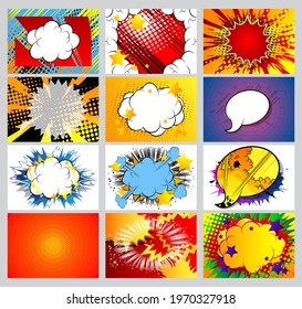 Collection of pop art comic background. Cartoon Vector Illustration with cloud, speech bubble, thunder, explosion and star. 