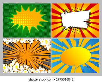 Collection of pop art comic background. Cartoon Vector Illustration with cloud, speech bubble, thunder, explosion and star.
