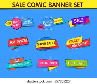 Collection of pop art comic promotion banners for sale and discount.