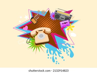 Diseño de arte pop de colección con aparatos retro planos de los años 90 