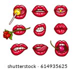 A collection of pop art icons of red female lips - ajar, bitten, kissing, with tongue, cherry and sugar candy. Badges, stickers, design elements, prints for T-shirts