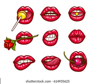 A collection of pop art icons of red female lips - ajar, bitten, kissing, with tongue, cherry and sugar candy. Badges, stickers, design elements, prints for T-shirts
