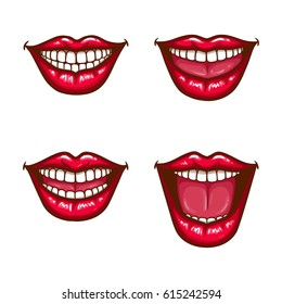 A collection of pop art icons of red female lips - smiling, with tongue. Badges, stickers, design elements, prints for T-shirts