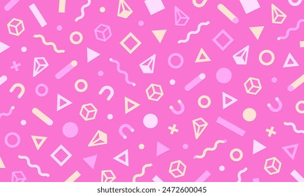 A collection of pop and flat shapes. Cute Memphis pattern on a striking pink background.