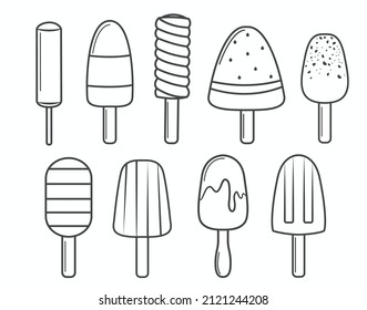 Collection of pop slice ice creams outline for coloring book.Line art design for kids coloring page. Vector illustration. Isolated on white background