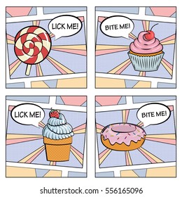 A collection of popart style illustrations with retro dotted background texture. Delicious desserts in front of a comic explosion, ice-cream, doughnut, lolipop and cupcake.