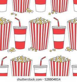 Collection of popcorn and beverage in plastic cups, hand drawn seamless pattern. Colorful backdrop with fast food icon set vector. Illustration design. Decorative wallpaper, good for printing