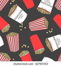 Collection of popcorn hand drawn seamless pattern. Doodle colorful backdrop. Cinema icon and entertainment icon set vector