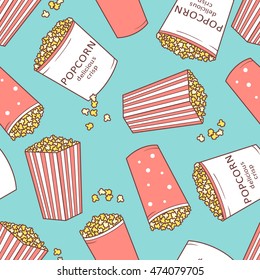 Collection of popcorn hand drawn seamless pattern. Doodle colorful backdrop. Cinema icon and entertainment icon set vector