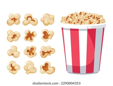 Collection Of Popcorn Seeds In Different Shapes, Fluffy And Tasty Treat Set of Elements and Paper Bucket with Pop Corn