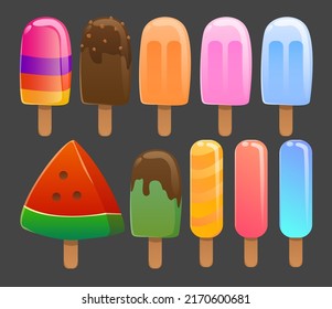 Collection of popsicle or ice cream stick with orange, chocolate, stawbery, rum, sorbet drawing in cartoon style, vector illustration