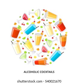 Collection of popular alcoholic drinks composed in circle shape on white background.