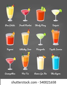 Collection of popular alcoholic drinks including Pina Colada, Martini, Bloody Mary, Daiquiri, Negroni, Whiskey Sour, Margarita, Tequila Sunrise, Cosmopolitan, Mai Tai, Ramos Gin Fizz, Blue Lagoon.