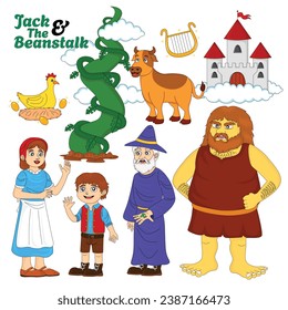 colección de personajes populares del libro de cuentos para niños jack y el tallo de abadejo, editable, vector, eps 10, personajes Jack, madre, abuelo, gigante, vaca, pollo y arpa dorada y guisantes gigantes