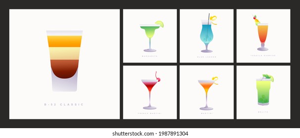 Collection of popular cocktails for the menu. Holidays club party summer cocktails mixed glasses.