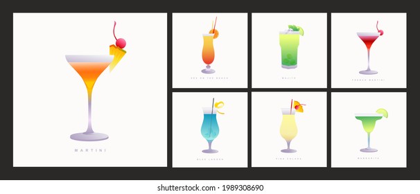 Collection of popular cocktails for the menu. Holidays club party summer cocktails mixed glasses.