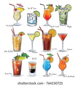 Collection of popular cocktails for the menu. Vector illustration.