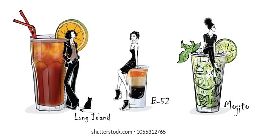 Collection of popular cocktails with stylish girls for the menu. Vector illustration. Long Island, B-52, Mojito