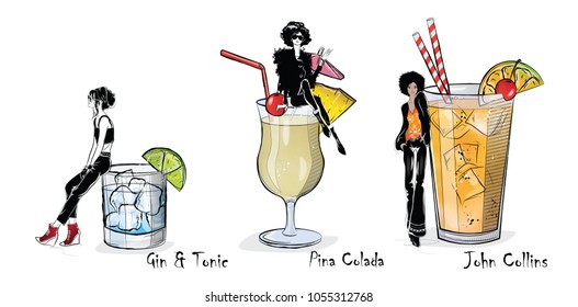 Collection of popular cocktails with stylish girls for the menu. Vector illustration. Gin and Tonic, Pina Colada, John Collins