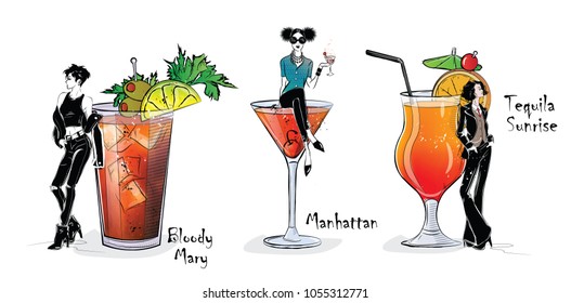 Collection of popular cocktails with stylish girls for the menu. Vector illustration. Bloody Mary, Manhattan, Tequila Sunrise