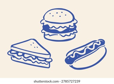 Collection of popular fast food items including hamburger with cheese club sandwich and classic hotdog with mustard.