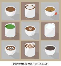 Collection of popular hot beverage menu.These foods are favorite for many peoples or carreers, Such as worker, driver, and a man who work in the night. Because it's have Cafeine inside. 