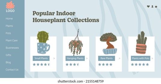 Collection of popular indoor houseplants and flowers. Bonsai tree and cactus, hanging leaves of potted plant. Rating website landing page template, online internet site. Vector in flat style