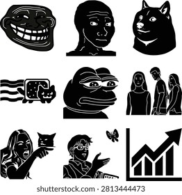 A collection of popular internet meme icons depicted as black and white minimalist graphic silhouettes.