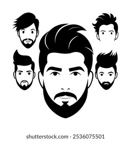 Coleção de estilo de cabelo masculino popular e silhuetas vetor corte de cabelo, perfeito para projetos de design digital. De cortes clássicos a contemporâneos, estas artes de alta qualidade de silhueta vetorial.