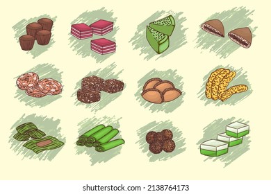 A collection of popular snacks in Malaysia. Apam balik, lapis, bakar, keria, kaswi, karipap, goreng pisang, lepat pisang, ketayap, bom, talam pandan.