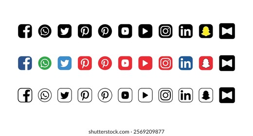 Collection of popular social media icons. Set of communication icons. Set of social media icons: Facebook, Instagram, Twitter, Youtube, Whatsapp, Telegram.Vector