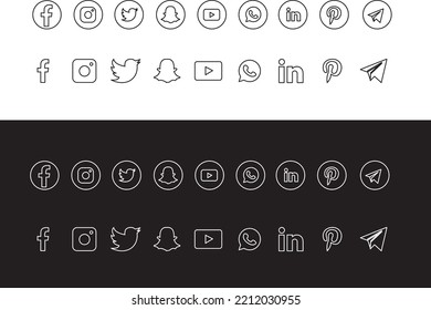 Collection of popular social media logo, popular social media icons printed on paper : Facebook, Instagram, Snapchat, LinkedIn, Twitter, Youtube, Pinterest, WhatsApp