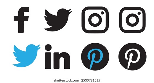  Coleção do logotipo popular de mídia social.  Twitter, Facebook, linkedin, instagram, material impresso. Logotipo editorial realista definido