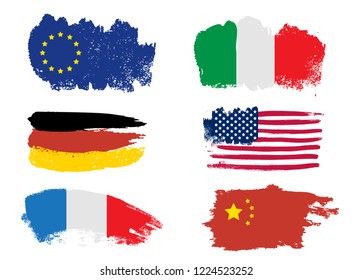 Collection of popular world flags, brush strokes painted flags