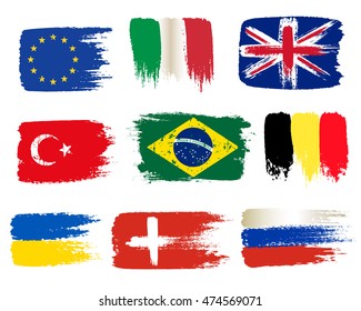 Collection of popular world flags, brush strokes painted flags, isolated on white background, vector illustration.