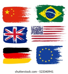 Collection of popular world flags, brush strokes painted flags, isolated on white background, vector illustration.