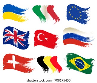 Collection of popular world flags, brush strokes painted flags, isolated on white background, vector illustration.