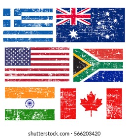 Collection of popular world flags, grunge old flags, isolated on white background, vector illustration.