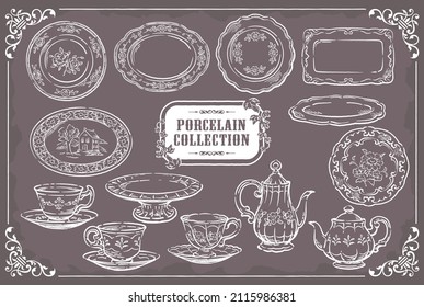 Collection of porcelain plates, tea pots and tea cups. Vintage tools and pastries. Vector illustration.